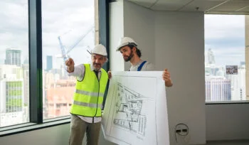 Profesionales de SIAGT revisando planos arquitectónicos con un fondo de un proyecto en desarrollo.